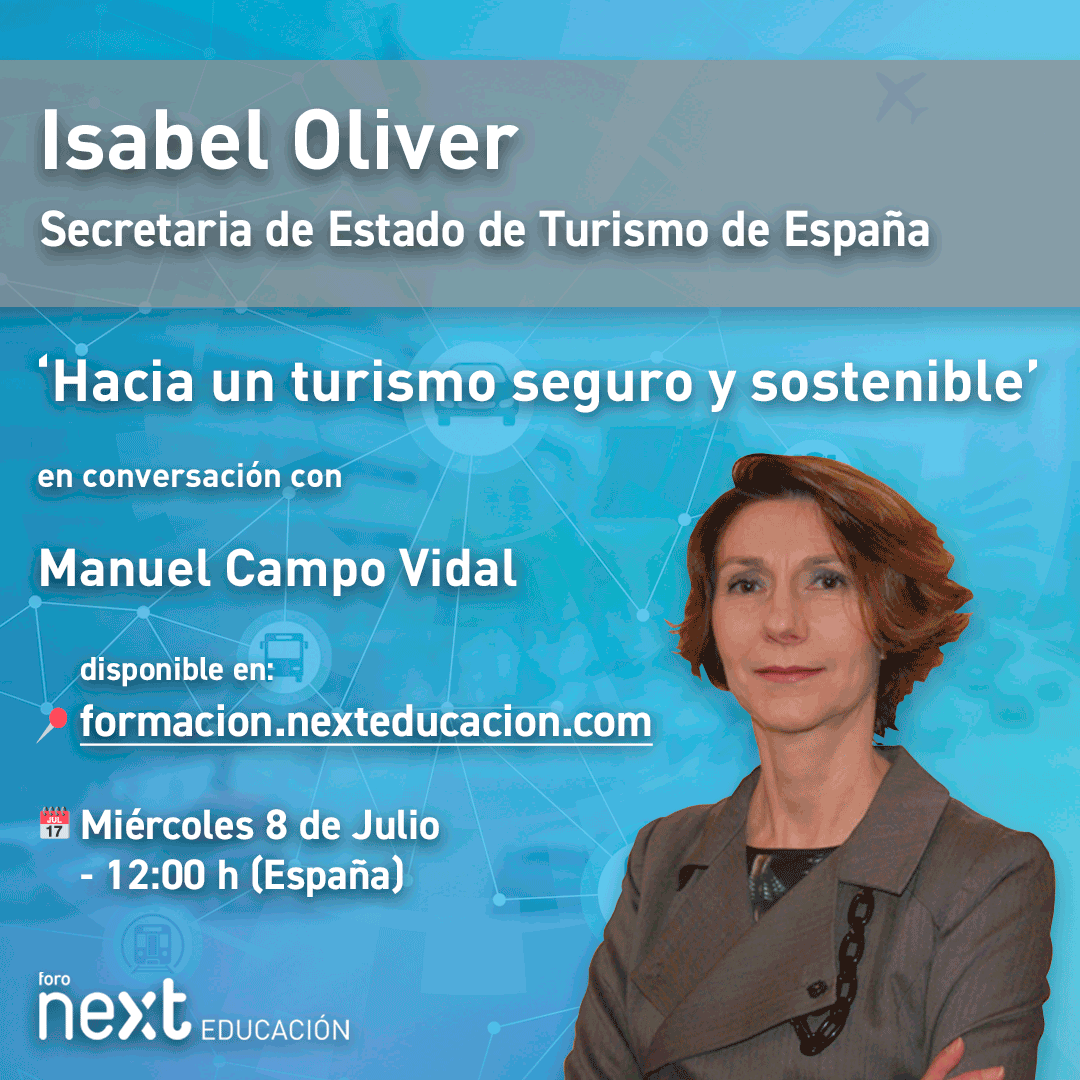 Nextibs's tweet photo. 📣PRÓXIMO #ForoNext: 'Hacia un turismo seguro y sostenible' con @IsabelMOliver, Secretaria de Estado de @TurismoEspGob y @mcampovidal.
📆Miércoles 8 de julio a las 12:00 horas (España)
📺Disponible en https://t.co/ySP4SVQS2P

#SomosNext https://t.co/CdEixhP9ZQ