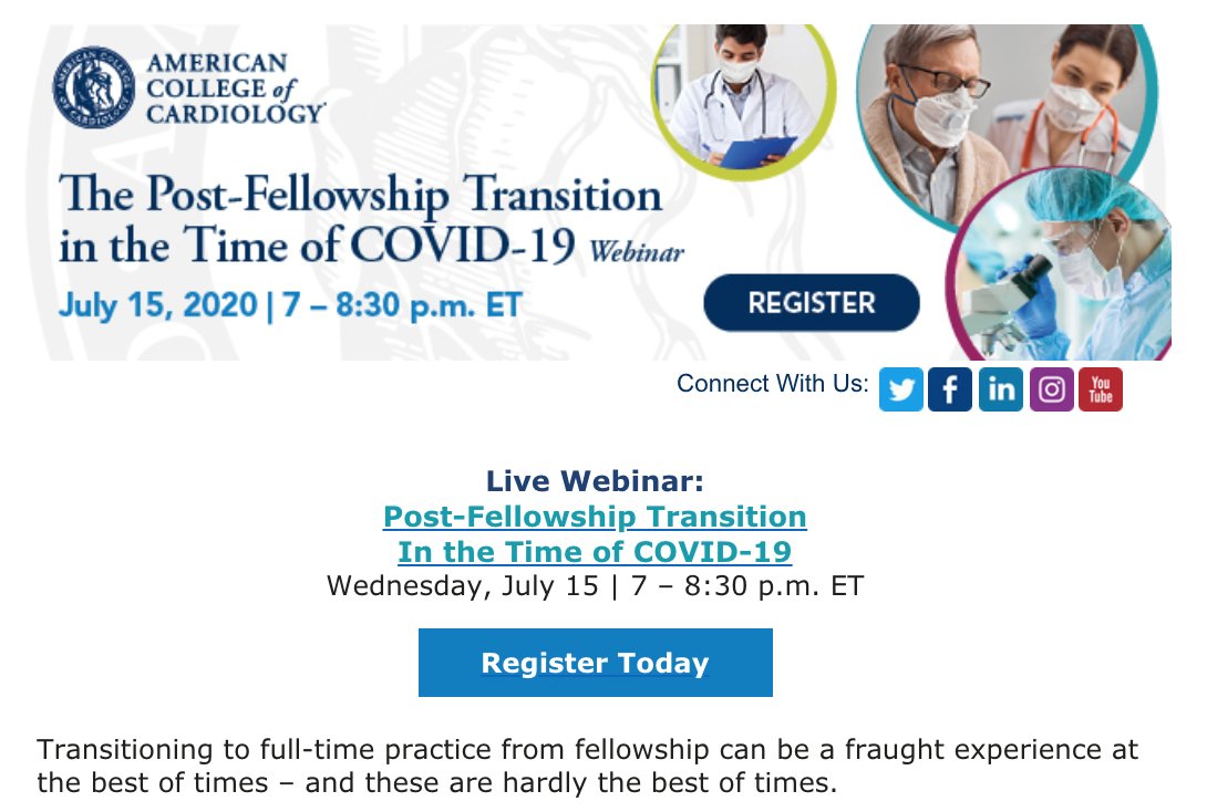 noshreza's tweet photo. Our @ACCinTouch #ACCFIT professional development series continues on *7/15 at 7p ET* w/discussion on post-fellowship transition during #COVID19

@HeC_Jobs @DrToniyaSingh @garosemd @NMHheartdoc @mividovich join us to provide perspectives on jobs

Register➡️ https://t.co/E7ApOOdefq https://t.co/nFYNQvQSe0