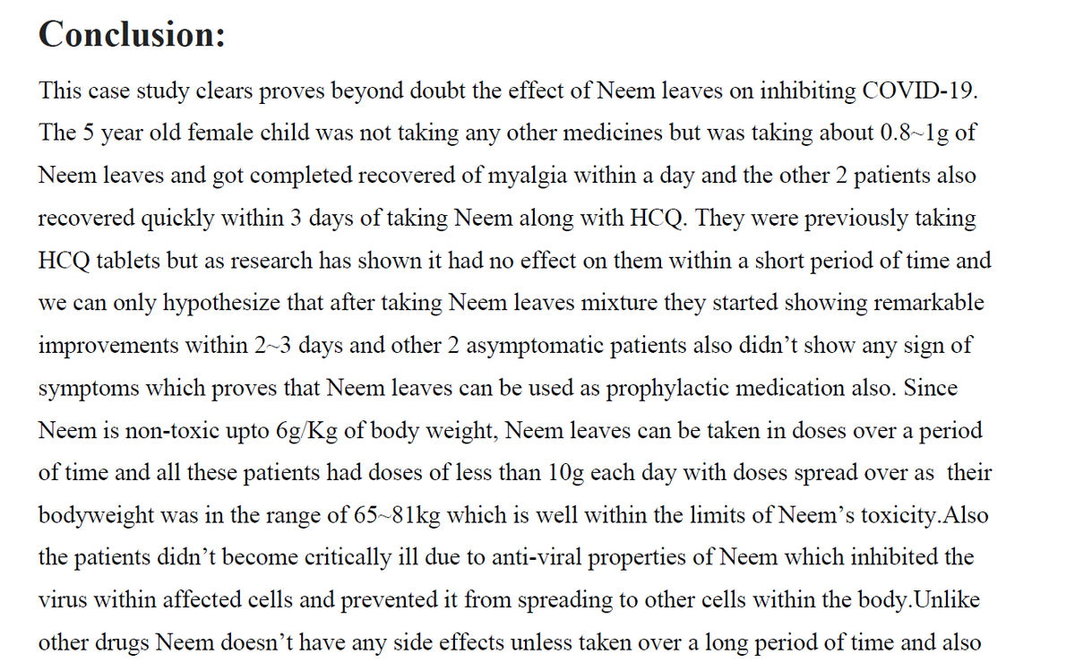 After taking Neem, people recovered more quickly with 2 days and become asymptomatic.And also we have evidence of how Neem helped in the treatment. #CoronaKillerNeem(4/6)