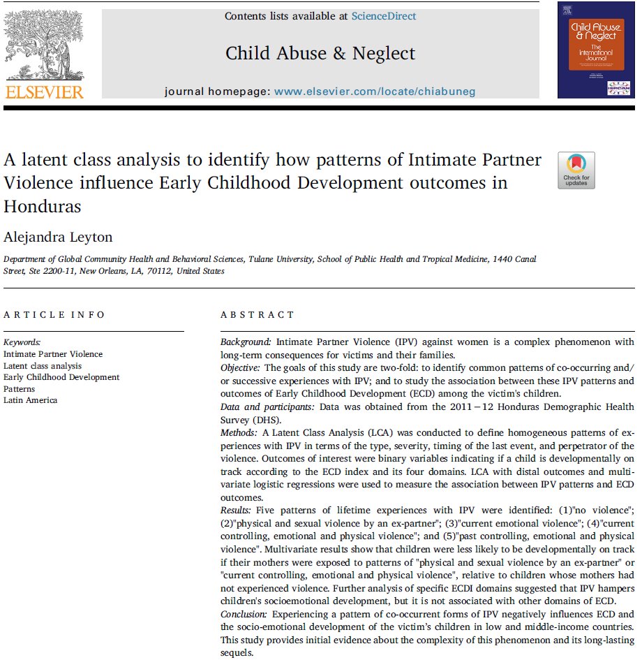 ALeyzamo's tweet photo. I'm really excited to share my new publication about the pervasive association between different patterns of Intimate Partner Violence and outcomes of Early Childhood Development in Honduras @TulaneSPHTM #EarlyChildhoodDevelopment https://t.co/8doa7HHWJ4