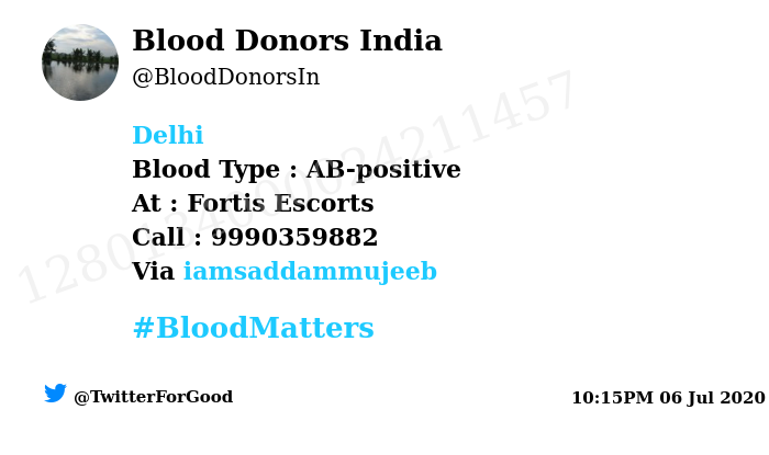 BloodDonorsIn's tweet photo. #Delhi
Need #Blood Type :  AB-positive
At : Fortis Escorts
Blood Component : Need Plasma AB+ve from #COVID19 recovered patient.
Primary Number : 9990359882
Secondary Number : 9990359882
Patient : Shehzan
Illness : Corona
Via: @iamsaddammujeeb
#BloodMatters
Powered by Twitter https://t.co/jNp57Lbh6w