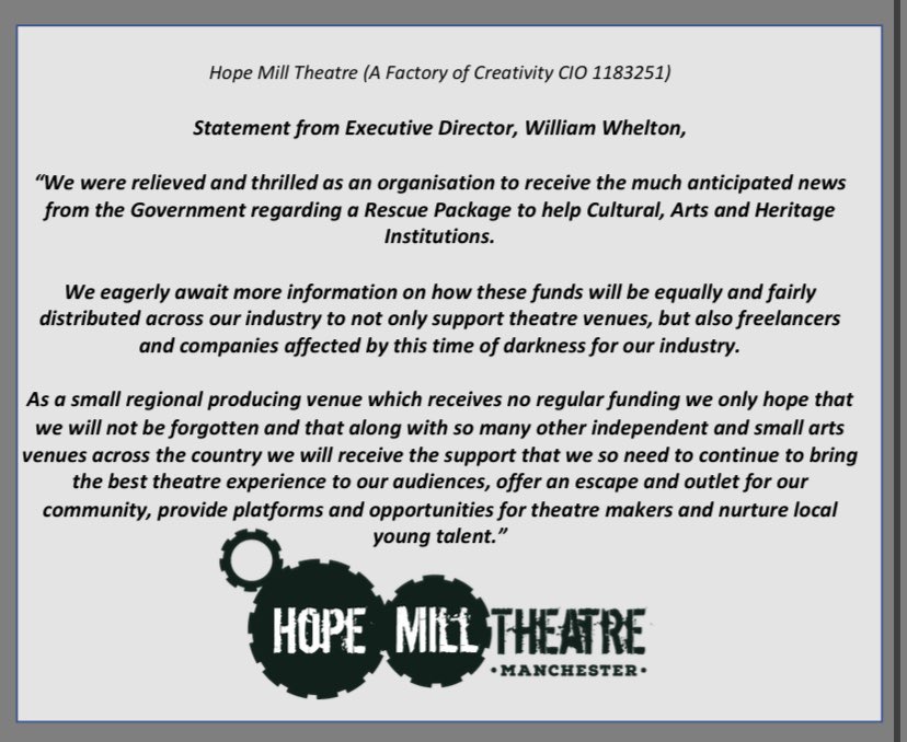 Statement from our Executive Director, William Whelton on the gratefully received news from the Government regarding a rescue package for the arts...🎭❤️ #regionaltheatre #artsvenue