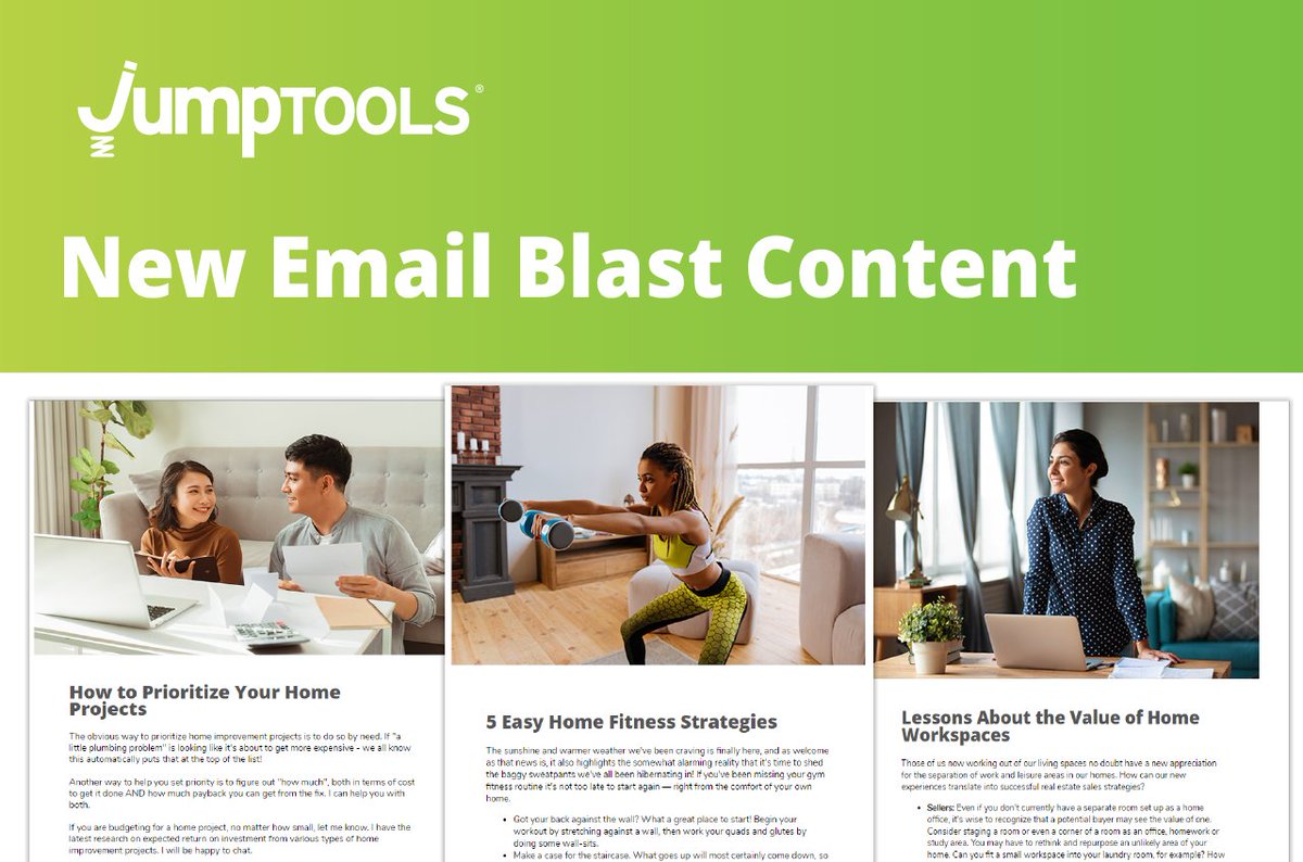 You need to stay in touch - now more than ever. Sometimes it's hard to know what to say. Use our pandemic-sensitive email templates to make it easier.

New content is now available in your Jumptools Email Blasts. Log in to your Jumptools Campaigns, select your template, and send!