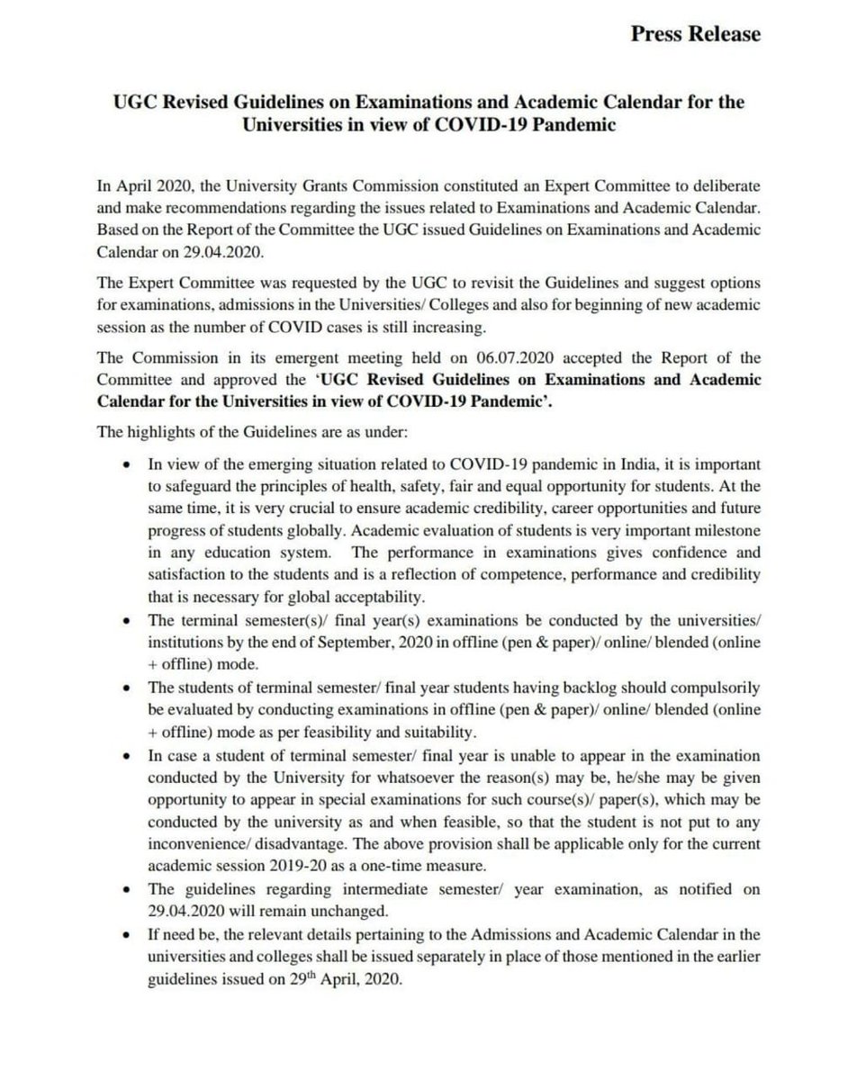 NdpuIndia's tweet photo. The final year examinations to be conducted by the end of September 2020: UGC (Revised guidelines)
Source- @ANI
#PharmD
#NEWS https://t.co/6uqRNTYDjg