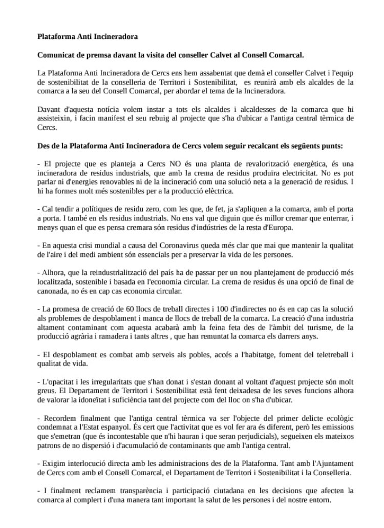 PCercs's tweet photo. Demà a les 17h hi haurà una reunió entre el Conseller Calvet i tots els alcaldes i alcaldesses de la comarca per parlar de la Incineradora CANVIEM LA CONVOCATÒRIA per concentrar-nos a les 17h la la P.Europa de Berga. #airenetcercs #niaquínienlloc #noincineradoracercs https://t.co/pyxrE0xU5n