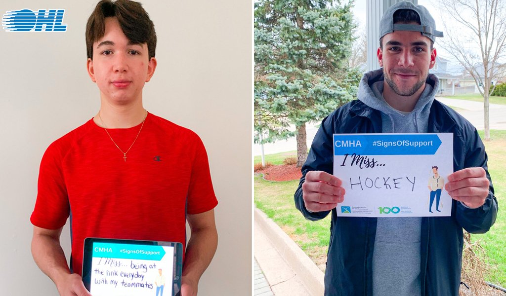 OHLHockey's tweet photo. A couple of Monday afternoon @CMHAOntario #SignsOfSupport from @OHLIceDogs teammates Jake Uberti and Lucas Theriault (@ltheriault16) 🐶🏒 https://t.co/K9b3Kj63GT
