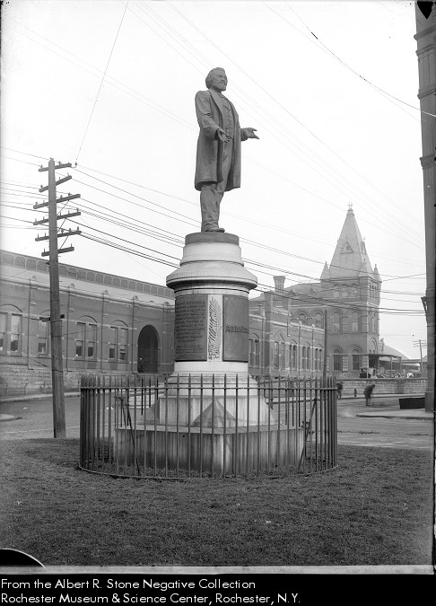 There are 15 Frederick Douglass monuments in Rochester. The original is the first statue in the U.S. to memorialize an African American. It now resides in Highland Park. 10,000 people attended the unveiling in 1899, including Theodore Roosevelt.Here are photos of it then: