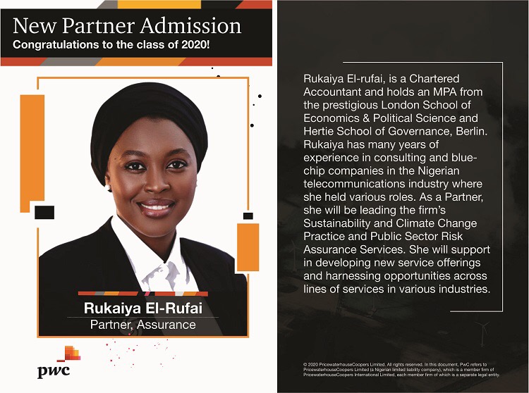 PwC_Nigeria's tweet photo. #Classof2020: Meet Rukaiya El-Rufai
As a Partner, she will lead the firm’s Sustainability and Climate Change Practice and Public Sector Risk Assurance Services. @RukkyBE https://t.co/6SdqVnq8rV