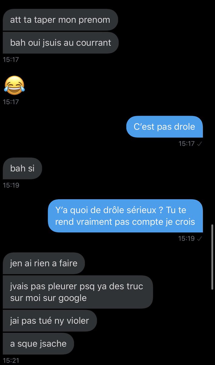 En voyant tout ça, j’étais choquée, j’y croyais même pas. Je lui ai donc envoyé un message en dm en lui demandant s’il avait déjà été en prison, il m’a tout avoué même la cause (sans que je lui dise que je savais). Voici quelques morceaux de la conversation :