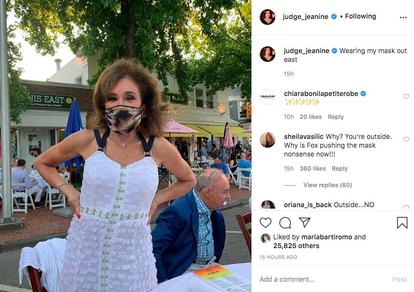 Jeanine Pirro posted a photo on Insta of her wearing a mask yesterday, the ...