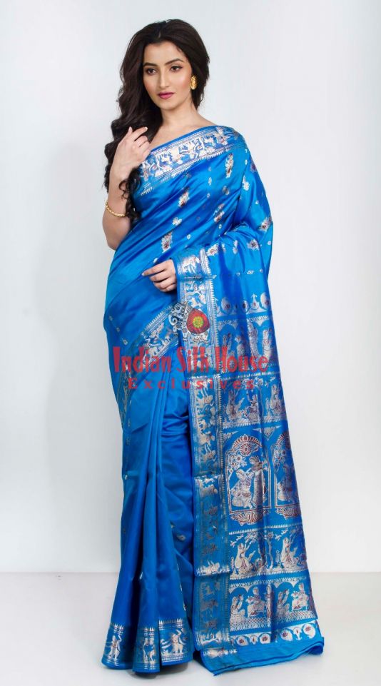 TRADITIONAL REGIONAL SAREES OF INDIA*********************************************3/16**SAREE NAME-- BALUCHARI PLACE- WEST BENGAL** depicts ancient stories on its border and pallu. silk threads are extensively used  #SareeTwitter