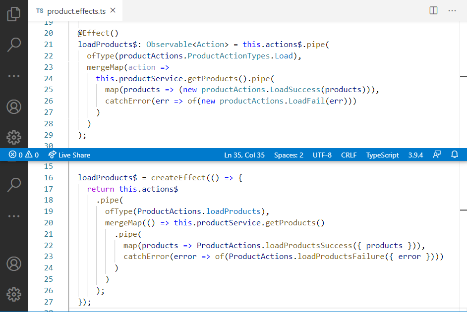 DeborahKurata's tweet photo. NgRx Tip: Use the new createEffect function
On the top: original effect with @Effect decorator.
On the bottom: new createEffect syntax.
#NgRx #Angular #angulartip #DeborahKTip https://t.co/KXNG06qWRt