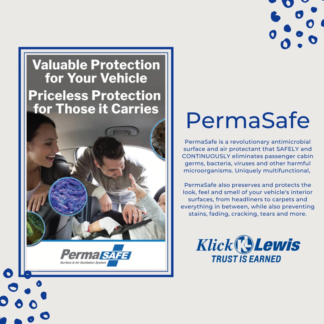 klicklewiscars's tweet photo. PermaSafe is a revolutionary, EPA approved antimicrobial surface protectant that SAFELY and CONTINUOUSLY eliminates passenger cabin germs, bacteria, viruses, and other harmful microorganisms.Schedule a service appointment today and purchase for $149.95. #KlickLewis #PermaSafe https://t.co/Ger3P6aYB0