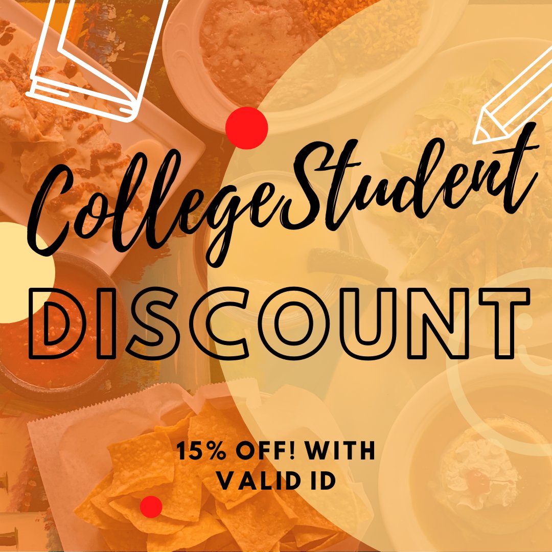 Happy Monday, amigos! We are delighted to announce that we will now offer college students a 15% discount all day every day 🤓📚. Make sure to bring a valid student ID!