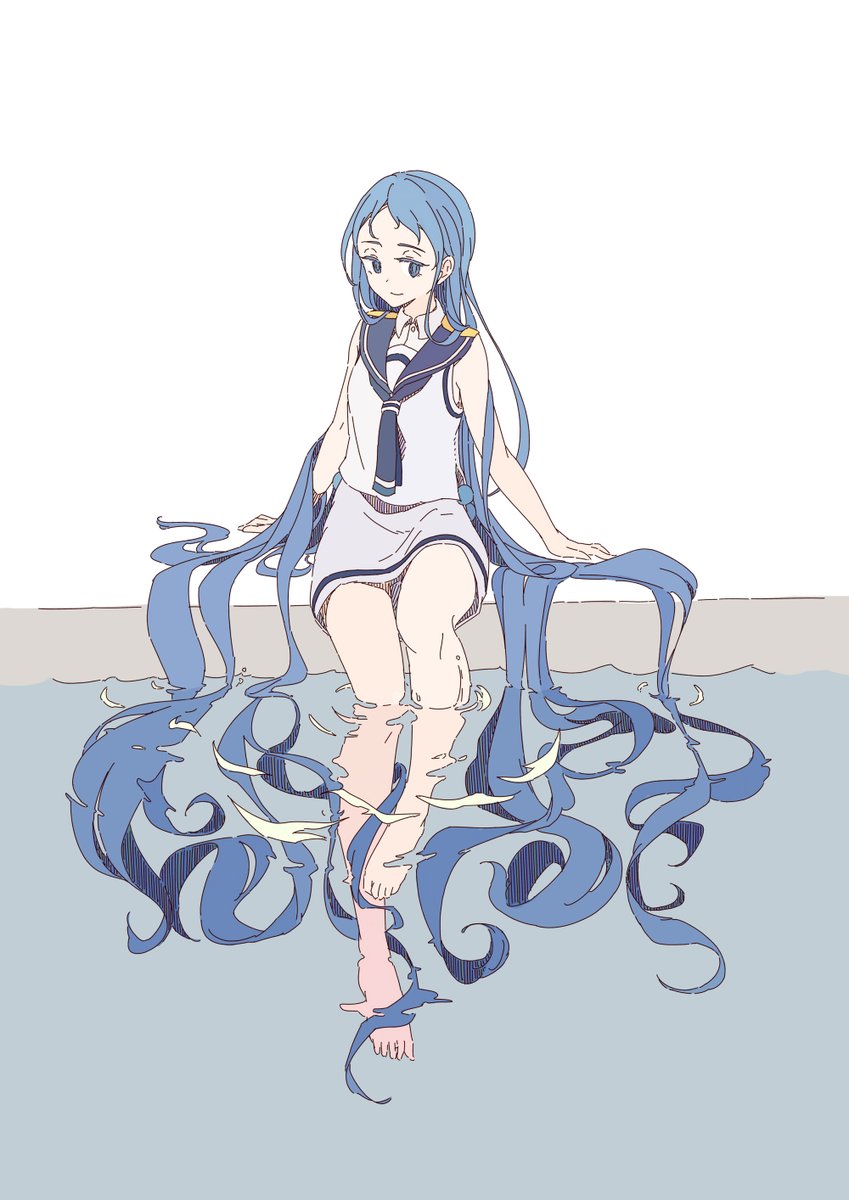 samidare (kancolle) 1girl long hair solo blue hair very long hair blue eyes sitting  illustration images