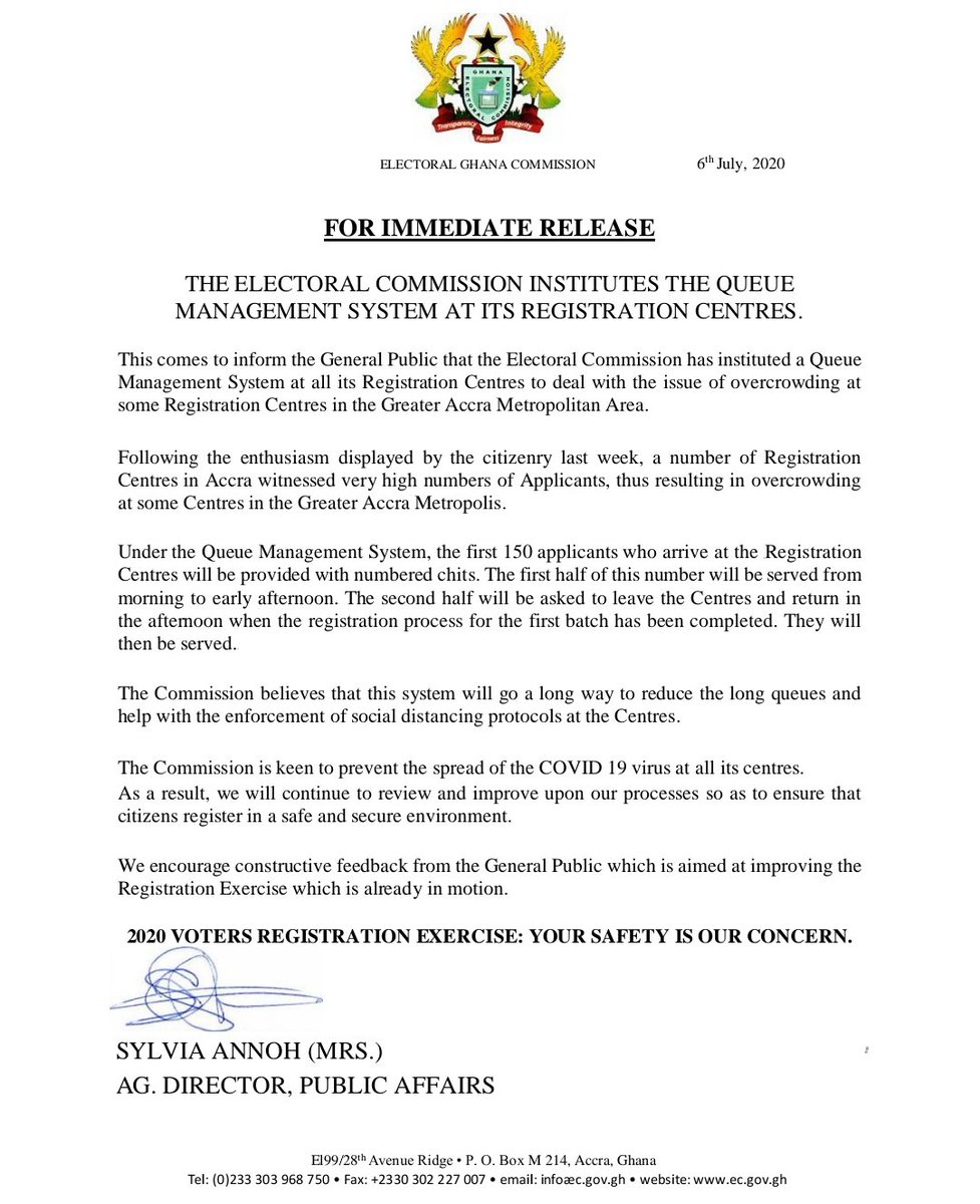 nhyira1045fm's tweet photo. The Electoral Commission of #Ghana institutes the queue management system at its registration centres to help prevent the spread of #Covid-19 virus at all its centres.   #Election2020 #GHdecides https://t.co/5iFGcZnUZu