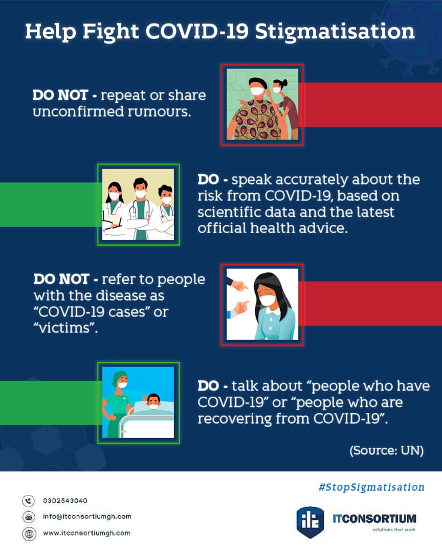 itconsortium_gh's tweet photo. Your words matter. Be part of the solution and not the problem by avoiding language that leads to stigmatisation of people who have COVID-19.
#StopSigmatisation https://t.co/Ka2bK2ffs9