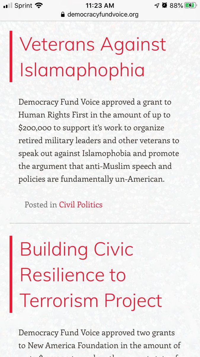 Went to Civil Politics. Look at the name of some of these grants: “Veterans Against Islamaphobia” and “Resilience to Terrorism”?!