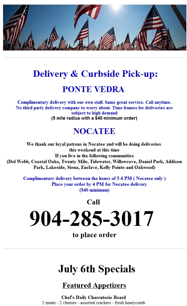 July 6th Dinner Menu - Complimentary Delivery bit.ly/3iBqSUA