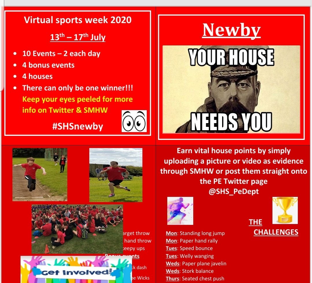 SHS_PeDept's tweet photo. Virtual Sportsday next week. Your house needs you! Come on Newby, let's get active!!!! #GrannonIsRed https://t.co/8Z45SEtfxk