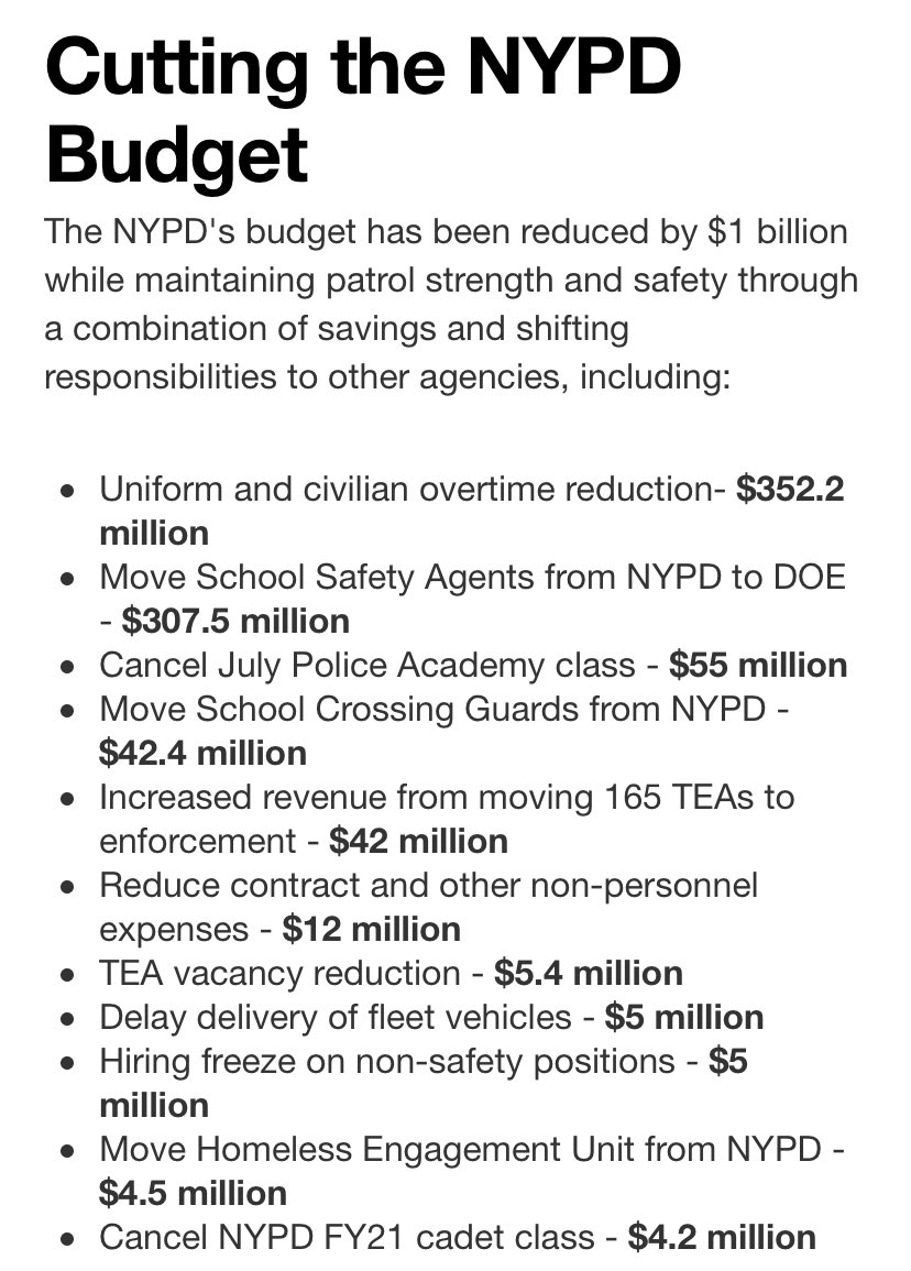 @abolishthenypd This is the Budget press release- $835 mil on the Expense Budget BUT hardly any of it is cuts:

Transfers: $354.4 m
Savings from hiring freeze or cancellation: $69.6 m
Cost caps (overtime): $352.2 m
Revenue increase and delayed purchase: $49 m
ACTUAL CUTS: $12 m

#NYPDExposed