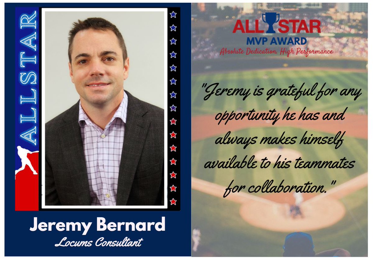 AllStar_HCS's tweet photo. Today, we’re highlighting Jeremy Bernard, locums consultant and one of our July MVPs. Jeremy consistently demonstrates high performance and exemplifies our Core Values daily! #MVP #AbsoluteDedication #Teamwork #PerformanceDrivesUs #AllStarCares https://t.co/6MVZMRHGdY