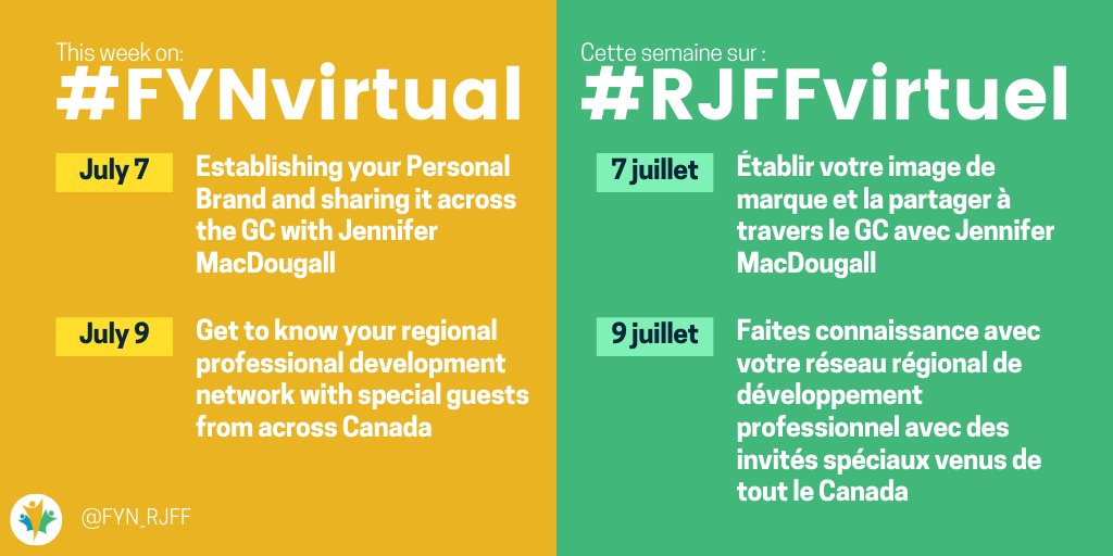 Rejoignez-nous cetter semaine sur #RJFFvirtuel :
➡️7 juillet votre image de marque avec <a href="/Jen_MacDougall/">Jennifer MacDougall</a>
➡️9 juillet nous vous accueillons d'un océan à l'autre + connectez-vous à votre réseau de développement professionnel

S'inscrire: 🔗forms.gle/yYyUA4V5aW2XvH…