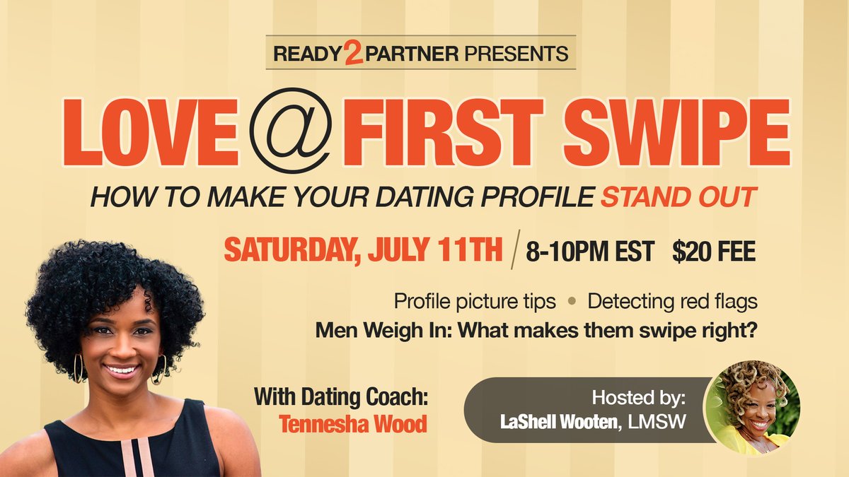 Ready2Partner's tweet photo. Are you really #ready2partner? Is your online dating profile screaming the same message? Join us Sat 7/11 with dating coach @tenneshawood for tips to make your profile stand out from the rest. 

Register in advance.
https://t.co/lH9Z6G32cJ https://t.co/T0pObxk3lK