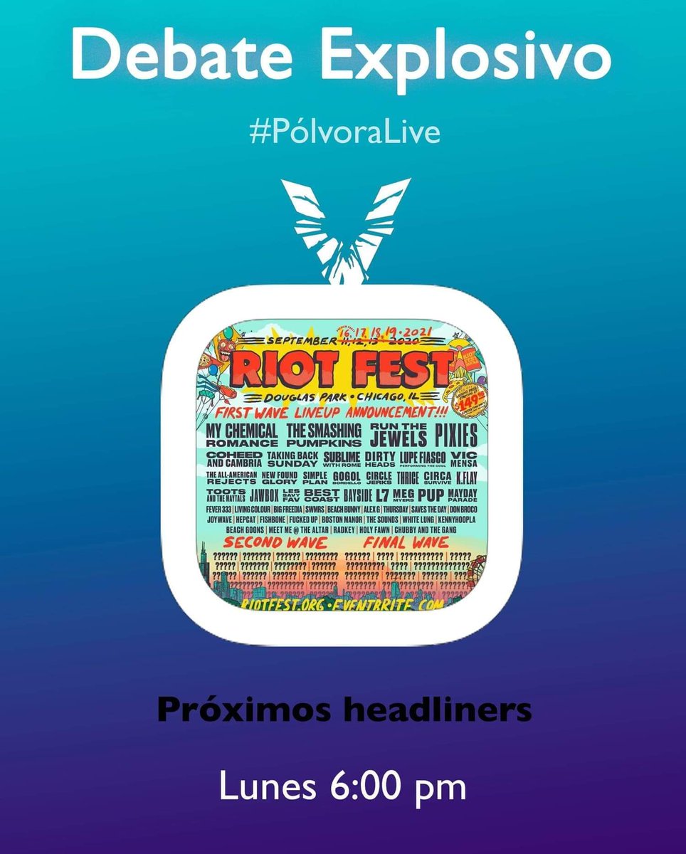 PolvoraRock's tweet photo. El tiempo no perdona y los integrantes de las bandas envejecen, otras se estancan y ya no pueden llamarse headliners.
Hoy en #DebateExplosivo hablaremos de las nuevas cabezas para cerrar festivales. ¡Habrá sorpresas!
¿Tu a quién propones?
Nos vemos a las 6pm por IG. https://t.co/BCH41FMkJh