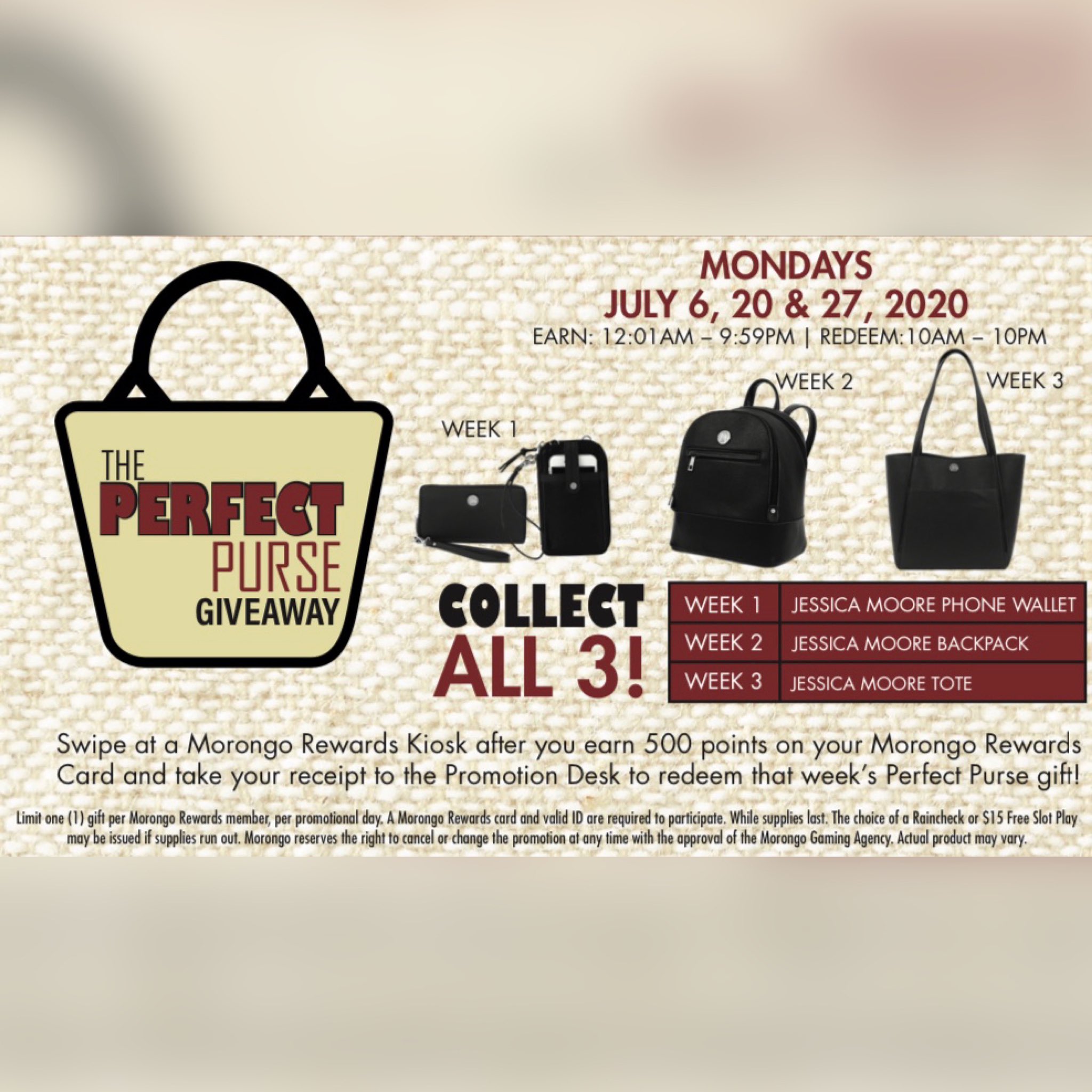 Morongo Casino on X: Stop by at Morongo on July 6th, 20th, and 27th to  redeem that week's prize in “The Perfect Purse GIVEAWAY!” All you need to  do in order to