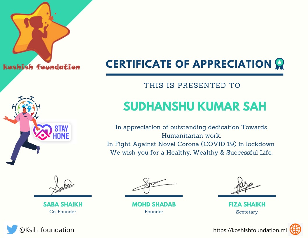 Ksih_foundation's tweet photo. #CovidYoddha #CovidWarrior #FeedtheNeedy #LetsDoMore #SharingMeals #MedicareForAll #HungerWarriors #GuestLabourers #GuestWorkers #HumanityFirst #TOGETHERWECAN
Honoured to present Certificate of Appreciation to
@Sudhanshu_K_Sah
Keep up the good work. https://t.co/D9fMPXEjdJ