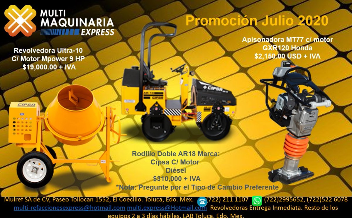 MULTIREFACCION's tweet photo. #PromoJulio Venta y Renta de Equipos de construcción. ¡¡No te lo pierdas!! - https://t.co/hkGR9ucTb9 #Equipando Constructores #MultiMaquinaria (722) 211 1107 (722) 299 5652 (722) 522 6078 https://t.co/qjjpnpbfUe