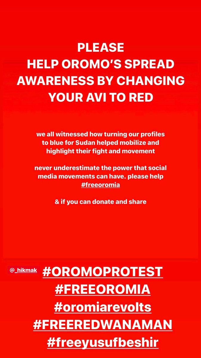 turn your social media’s RED. it doesn’t seem like much but it HELPS. credit to  @hkad1501  #OromoProtests  #OromoRevolution