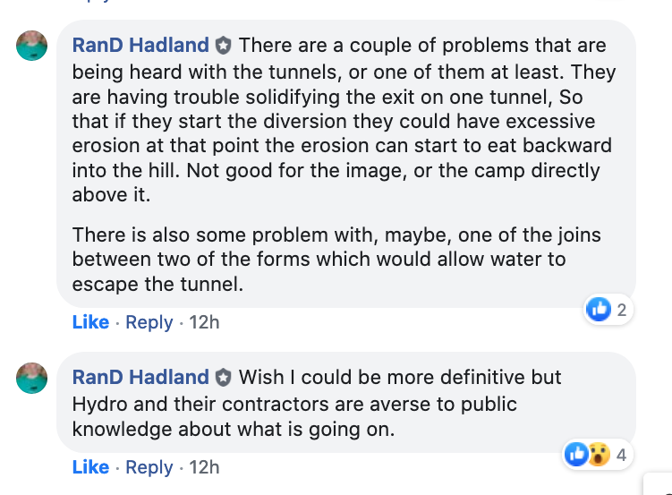 More remarks from Peace region resident Randy Hadland's post on reports of trouble in the  #SiteC diversion tunnels. Hadland is a longtime observer of the  #SiteC project & in my experience extremely well informed. We need  #BCHydro &  #BCNDP to put these rumours to rest.  #bcpoli