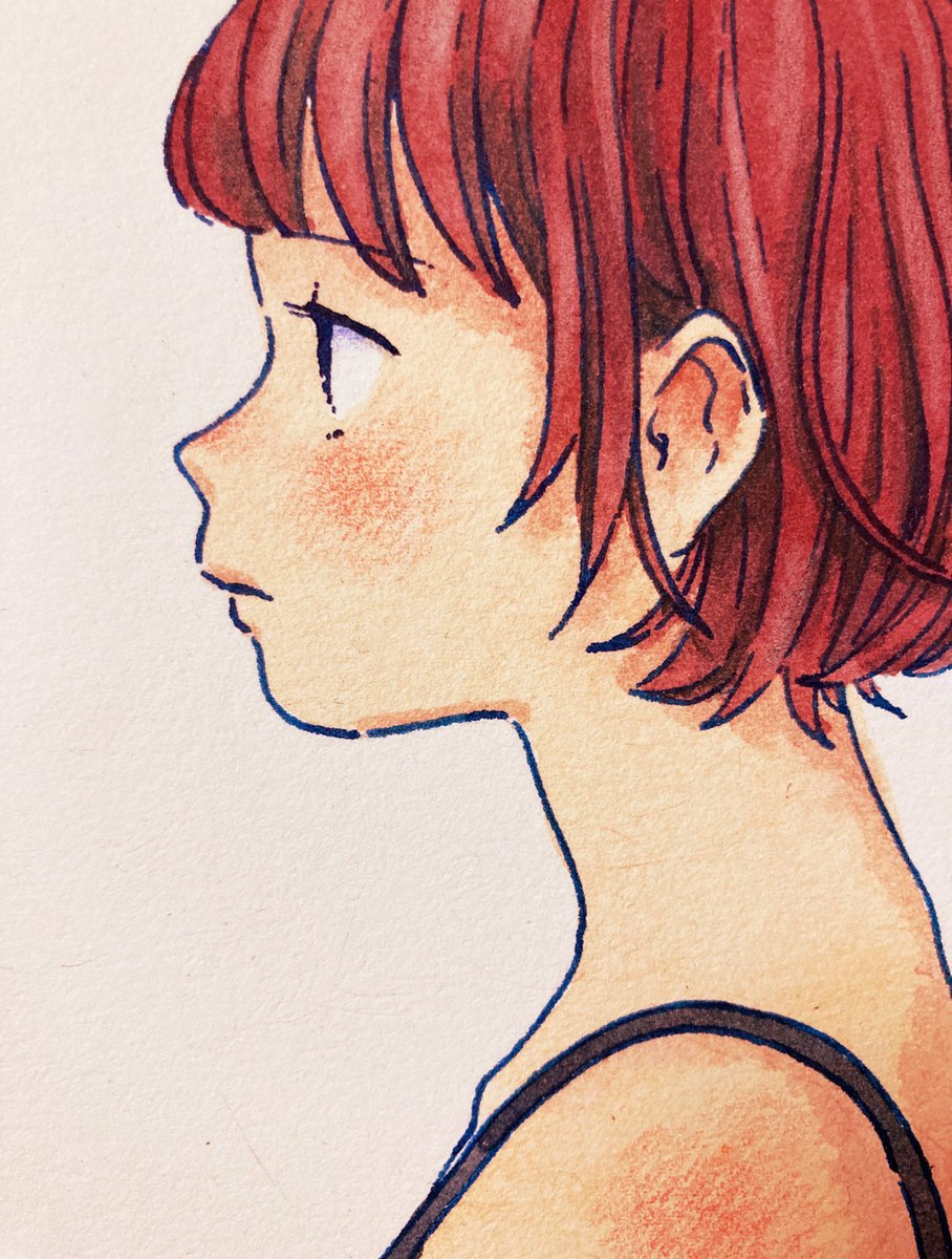 1girl solo short hair red hair profile simple background bangs  illustration images