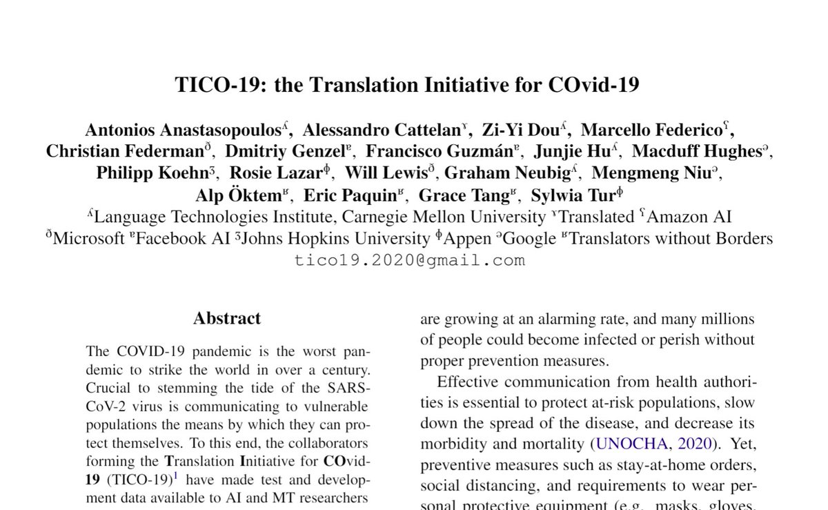 The Translation Initiative for COVID-19 (TICO-19): Translation industry players working together to create and share language resources for Covid-19. This was an amazing collaboration.