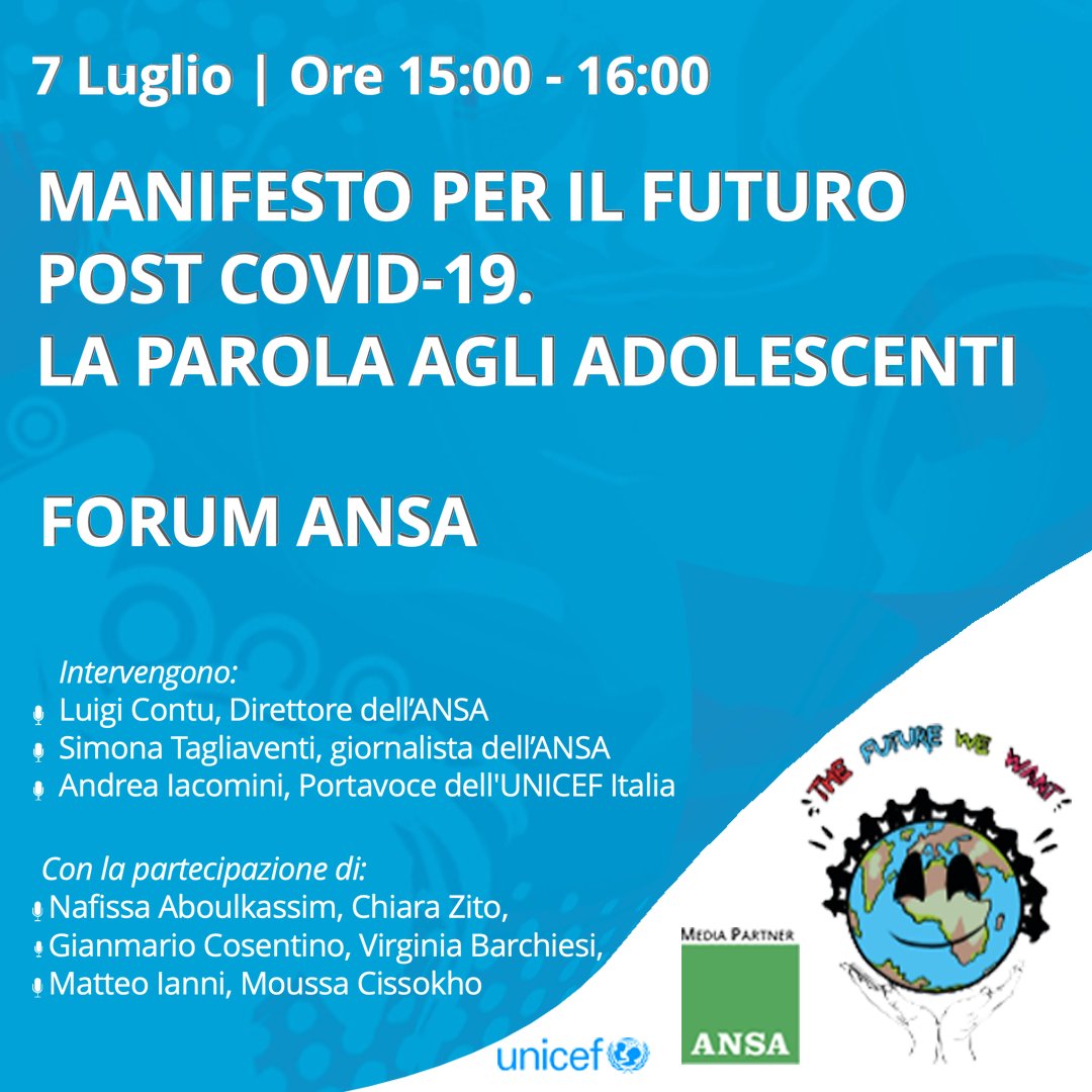 UNICEF_Italia's tweet photo. Lezioni apprese, testimonianze e idee per l'Italia post #COVID19: dalla voce di migliaia di adolescenti nasce il Manifesto #FutureWeWant, presentato domani h. 15 in uno speciale Forum ANSA con @_luigicontu @simotag e @Andrea_Iacomini 

Segui LIVE su https://t.co/2TH8bohfoC https://t.co/mtct3ohLhH