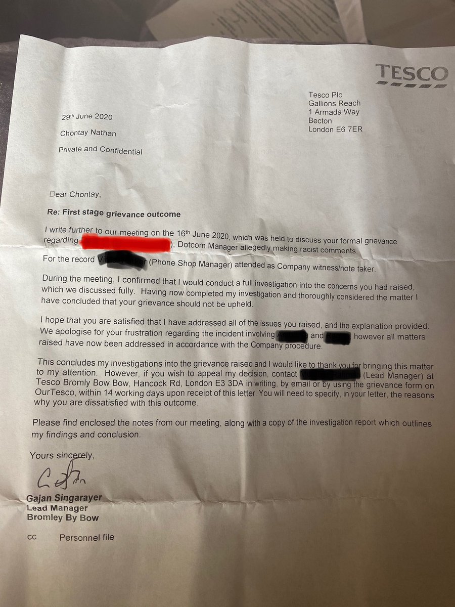 After around a week of interviews being conducted and statements being written I heard nothing back ... Finally I confronted the store manager regarding the outcome. The next day I received this letter...I was told my complaint was void as it did not happen to me directly..