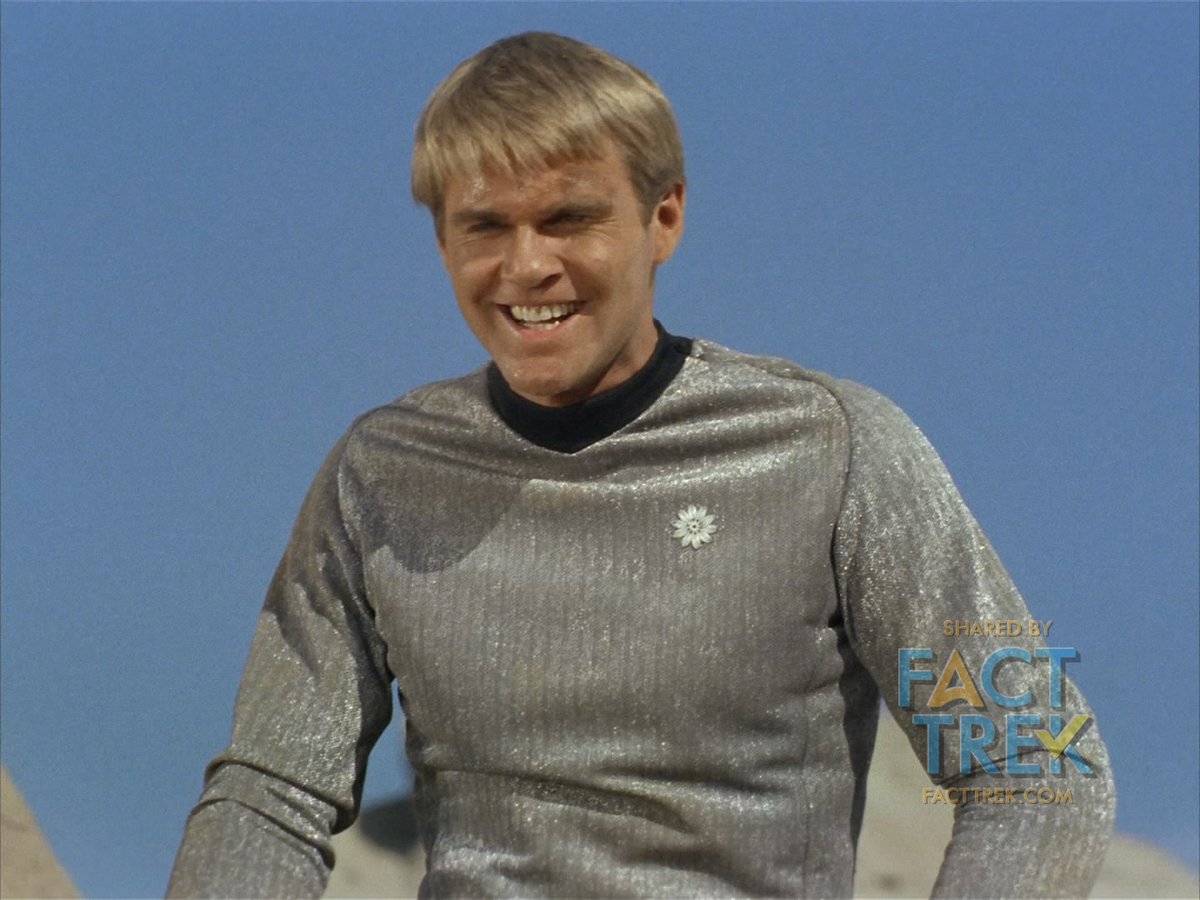A slight variation on that  #Starfleet starbase sunburst/flower insignia is the smaller pewter-colored cadet insignia worn by Finnegan in “Shore Leave”. His uniform and insignia would be reused by background players in “The Trouble with Tribbles” and “Wolf in the Fold”.  #startrek  