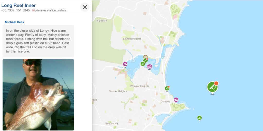 User logs fishing catch at ///primaries.stallion.useless using what3words within Deckee app