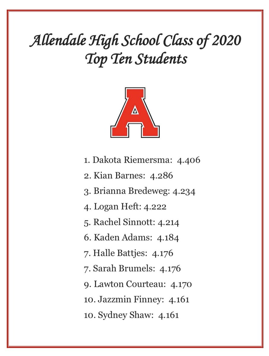 MrsHeidiMucha's tweet photo. We are proud to announce the top ten students by GPA at AHS! These students represent the #falconmindset and #studentleadership we value at AHS! Can’t wait to hear all the amazing things our #seniors2020 will accomplish! @AllendaleHigh @falconAHSnation https://t.co/nd9OWJf2bx