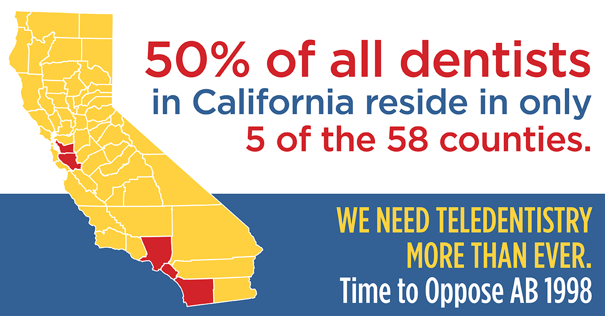 DentalCoalition's tweet photo. Did you know, 50% of all dentists in our state reside in only 5 counties?
We should be expanding access to dental care, not making it costlier! It's time to oppose #AB1998. https://t.co/bJt1lhBM7s