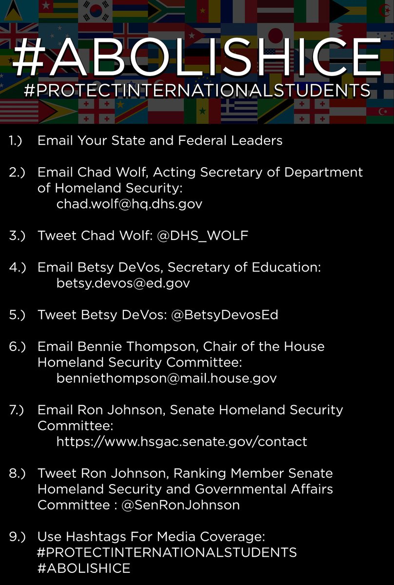 How can the US decide to send international students home during a pandemic if universities are online for the fall?  This is unethical! #protectinternationalstudents #AbolishICE
@BetsyDevosEd <a href="/DHS_Wolf/">Acting Secretary Chad Wolf</a> <a href="/GovLarryHogan/">Governor Larry Hogan</a> <a href="/NYGovCuomo/">Archive: Governor Andrew Cuomo</a> <a href="/NAACP/">NAACP</a> <a href="/apa1906NETwork/">Alpha Phi Alpha Fraternity, Inc. ®</a>
