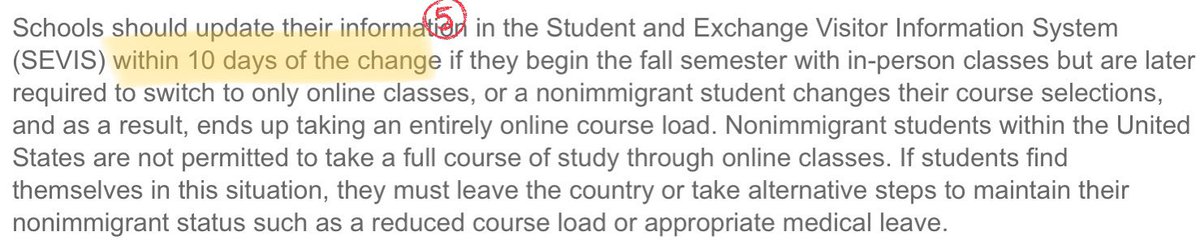 (7/7)5: if an intl’ student’s institution decides to go fully online or shut down, these students have 10 days to either transfer to a different institution offering in-person classes, leave the country, or face the risk of deportation.