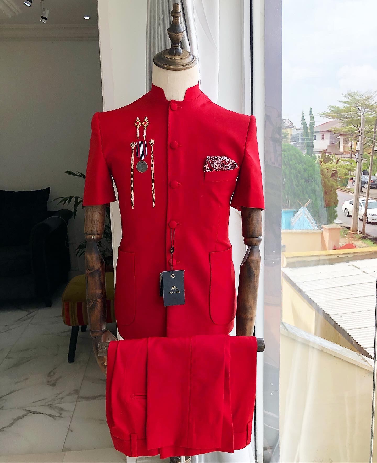 Deji & Kola on X: A Reloaded “Tomato Red” French Safari Suit Features: Safari  Suit Pant trousers Touch of red Pocket square Gold adornments To Order:  iMessage, Text or WhatsApp : +2348037292344