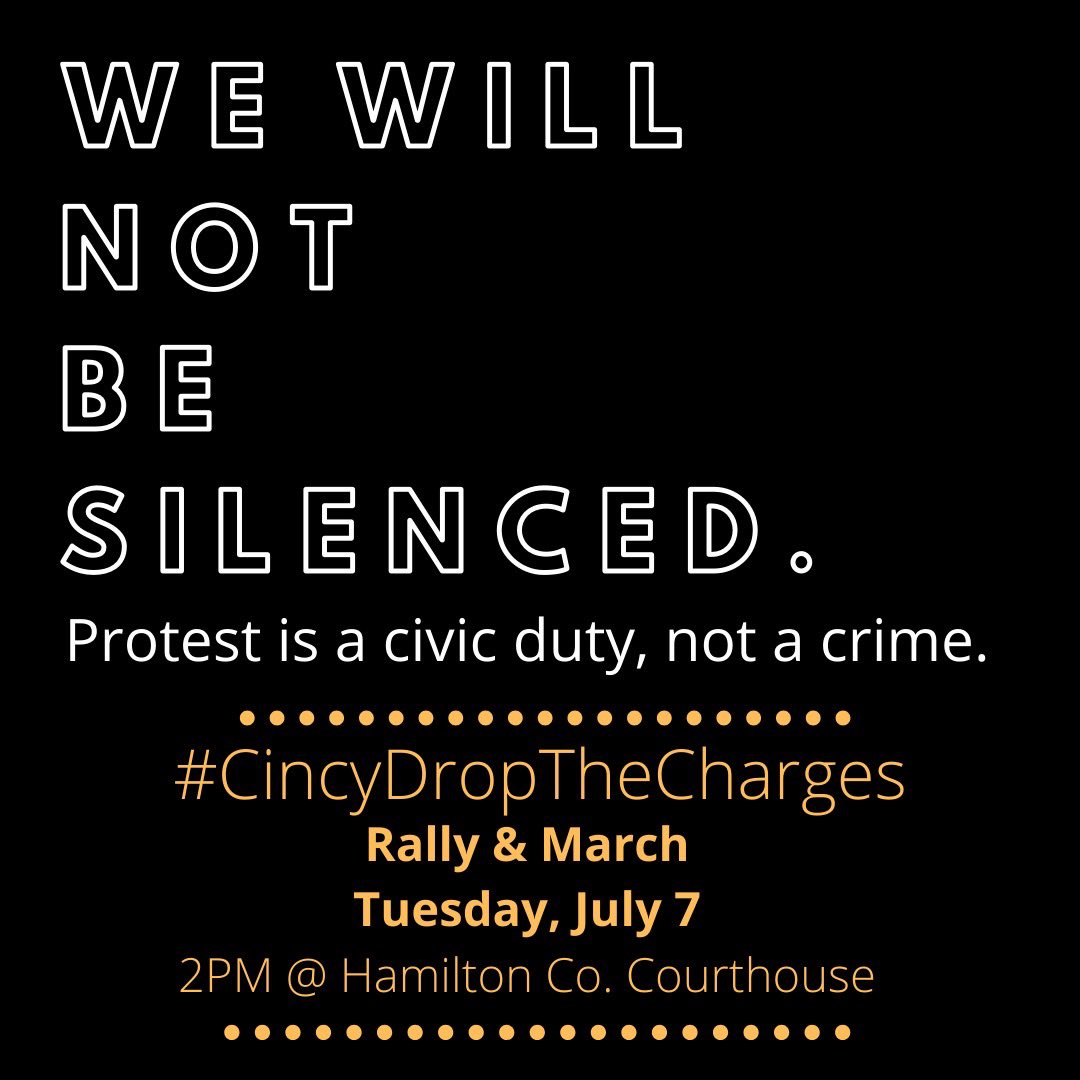 CincMassDefense's tweet photo. Will you join tomorrow afternoon in #Cincinnati to demand   #CincyDropTheCharges on 500+ of our neighbors arrested during the #BlackLivesMatter protests? 

No one should face jail time for exercising their 1st Amendment rights &amp; demanding an end to racial injustice
✊🏿✊🏾✊🏽✊🏻 https://t.co/uNUyYsMlXE