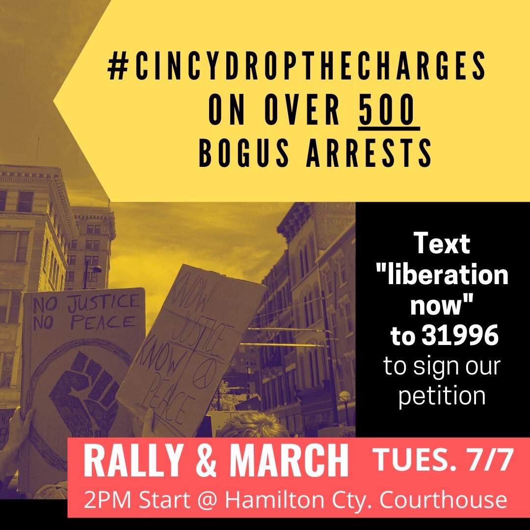 CincMassDefense's tweet photo. Will you join tomorrow afternoon in #Cincinnati to demand   #CincyDropTheCharges on 500+ of our neighbors arrested during the #BlackLivesMatter protests? 

No one should face jail time for exercising their 1st Amendment rights &amp; demanding an end to racial injustice
✊🏿✊🏾✊🏽✊🏻 https://t.co/uNUyYsMlXE