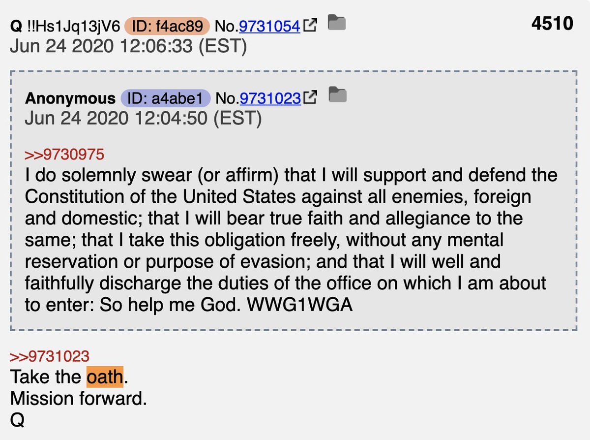 Here's the 24 June Q "drop" on 8kun.  #TakeTheOath was meant to symbolically unite QAnon followers ahead of 4th of July. It probably was also a symbolic response to the rejuvenation of the symbolic act of taking the knee in the aftermath of George Floyd protests
