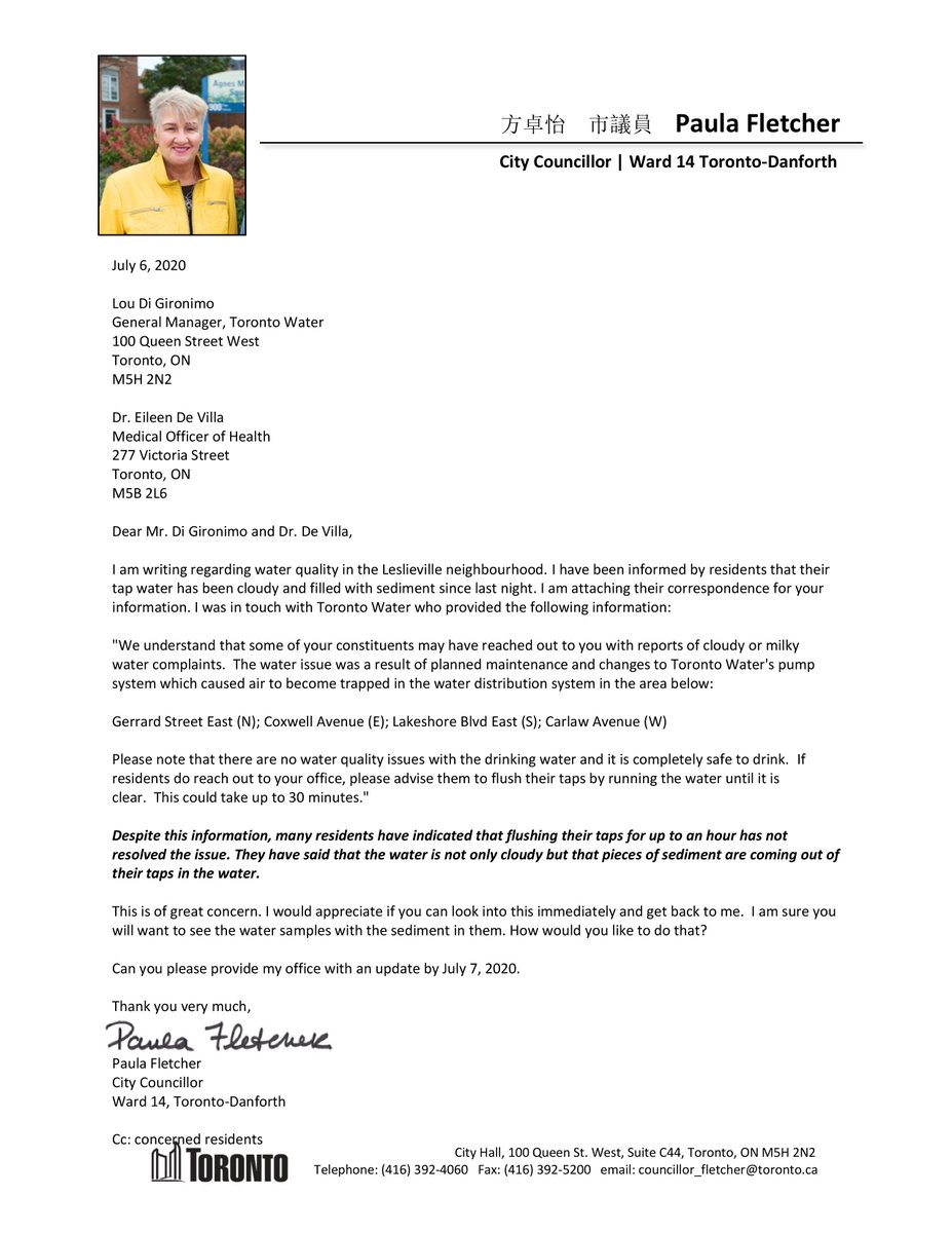 PaulaFletcherTO's tweet photo. Update: Thank you to everyone who contacted my office regarding the cloudy water issue.

I've sent this letter to the General Manager of Toronto Water and Toronto's Medical Officer of Health. https://t.co/eS2rLdcLz5